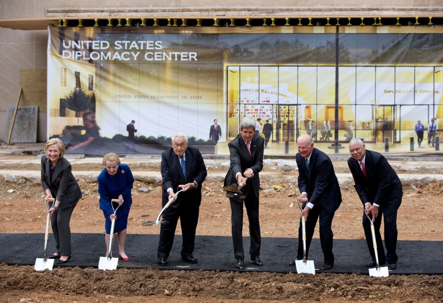 Albright, second from left, joins other secretaries of state at the groundbreaking ceremony for the US Diplomacy Center in 2014. From left are Hillary Clinton, Albright, Henry Kissinger, John Kerry, James Baker and Colin Powell.