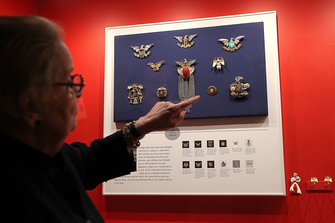 Albright was known for wearing brooches or decorative pins to convey her foreign policy messages. More than 200 of them were part of the "Read My Pins" collection.
