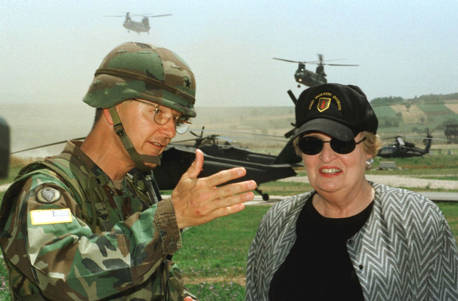 Albright talks to US Brig. Gen. John Craddock, commander of the US troops that would be taking part in the Kosovo implementation force in 1999. Albright was crucial in pushing President Clinton to intervene in Kosovo to prevent a genocide against ethnic Muslims by former Serbian leader Slobodan Milosevic.