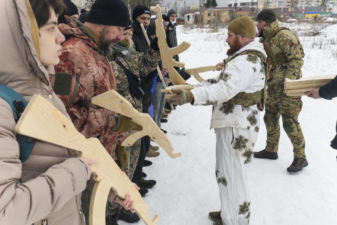Kyiv citizens take part in military training for civilians conducted by Azov regiment veterans on February 6, 2022.