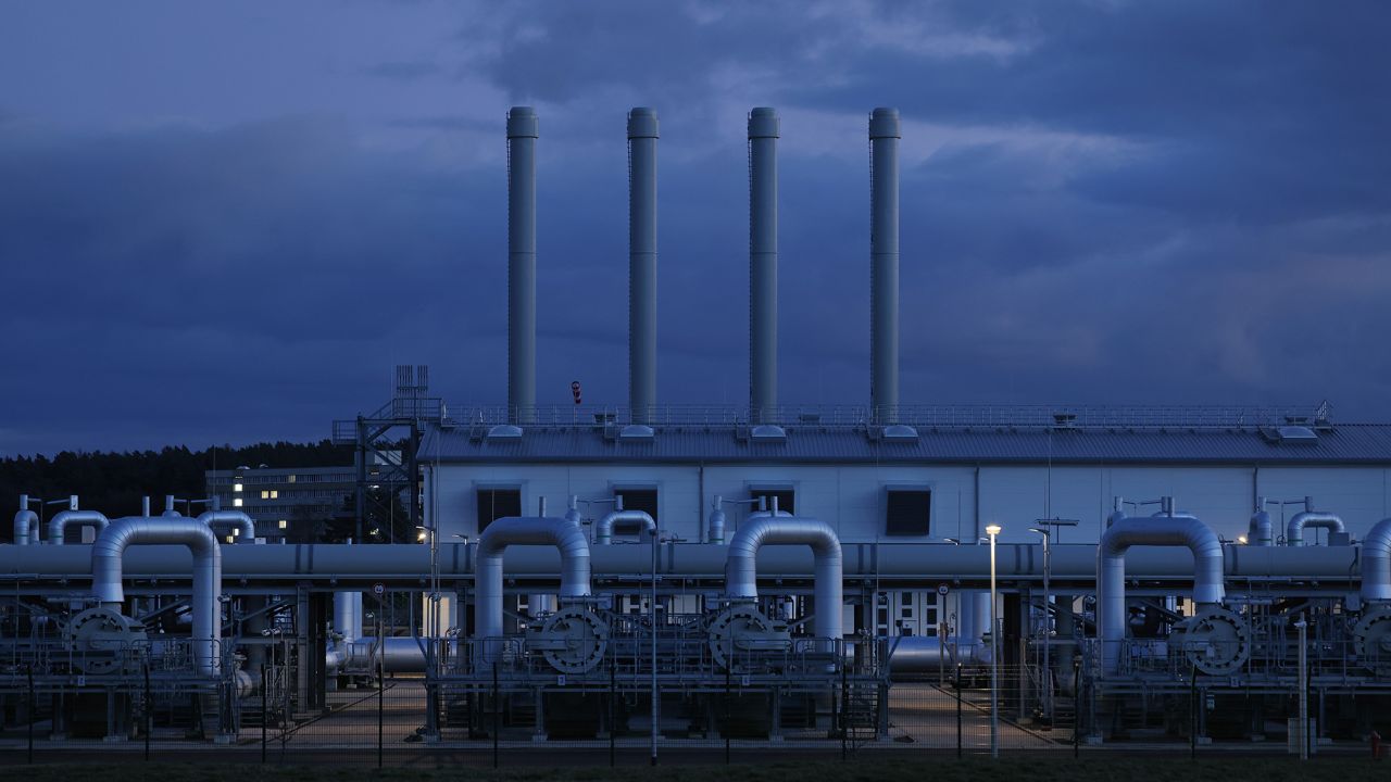 The receiving station for the Nord Stream 2 gas pipeline stands at twilight on February 02, 2022 near Lubmin, Germany.