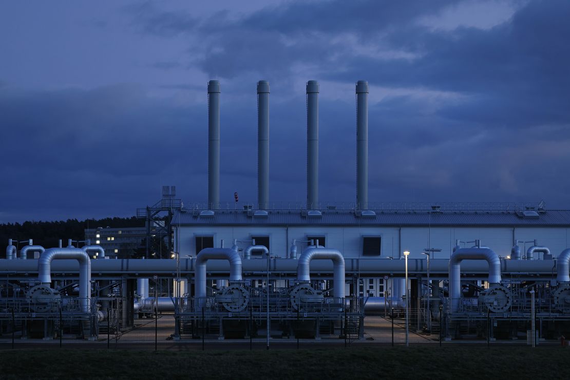 The receiving station for the Nord Stream 2 gas pipeline stands at twilight on February 02, 2022 near Lubmin, Germany.