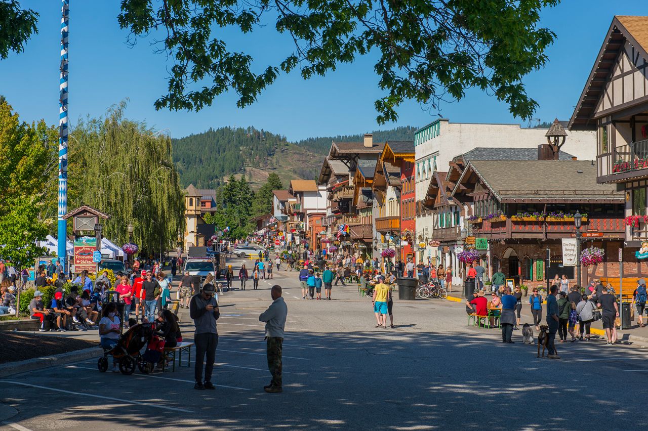 Main street in Leavenworth in eastern Washington state. This Bavarian-style town in the Cascade Mountains can make an excellent short road trip for people in Seattle, Spokane and Portland, Oregon.