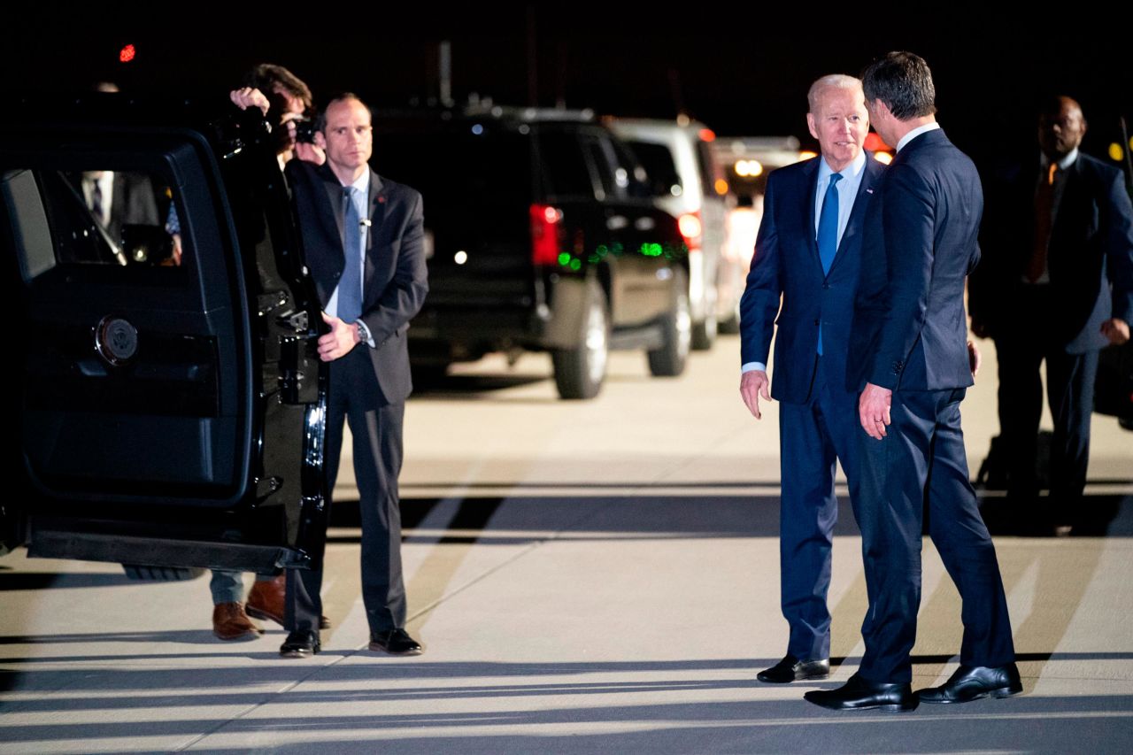Biden is greeted by Belgian Prime Minister Alexander de Croo after arriving in Brussels on Wednesday.