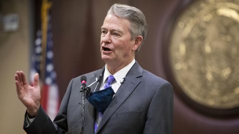 Idaho Gov. Brad Little gestures during a press conference at the statehouse in Boise, Idaho, on October 1, 2020.