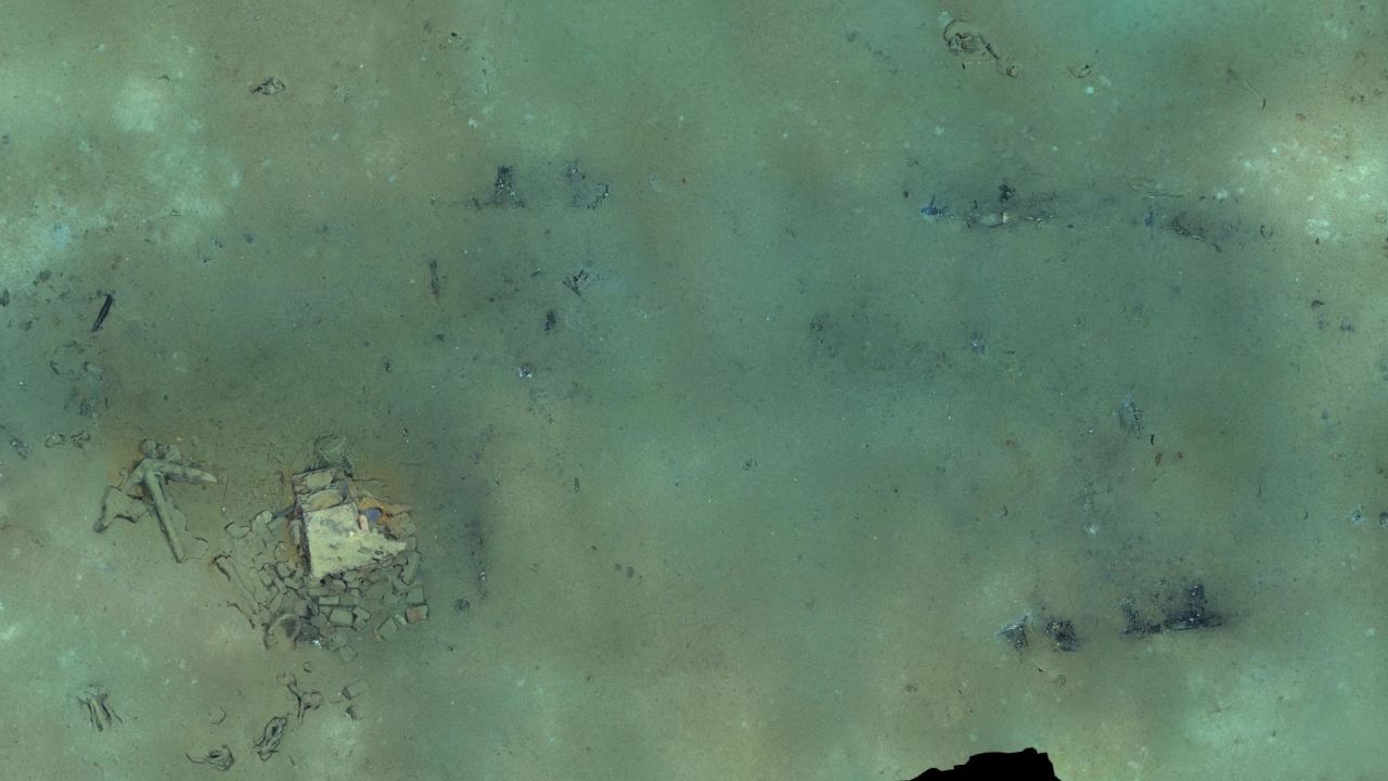 A mosaic of images from the NOAA video of the brig Industry wreck site shows the outline in sediment and debris of the hull of the 64-foot by 20-foot whaling brig.