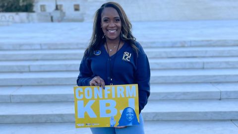 Ebony Cormier poses in front of Supreme Court, , in support of nominee Judge Jackson ahead of hearing on Monday, March 21, 2022. 