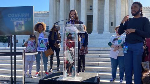Samiya Williams reads a letter to Judge Jackson in front of the Supreme Court ahead of hearings on Monday, March 21, 2022.