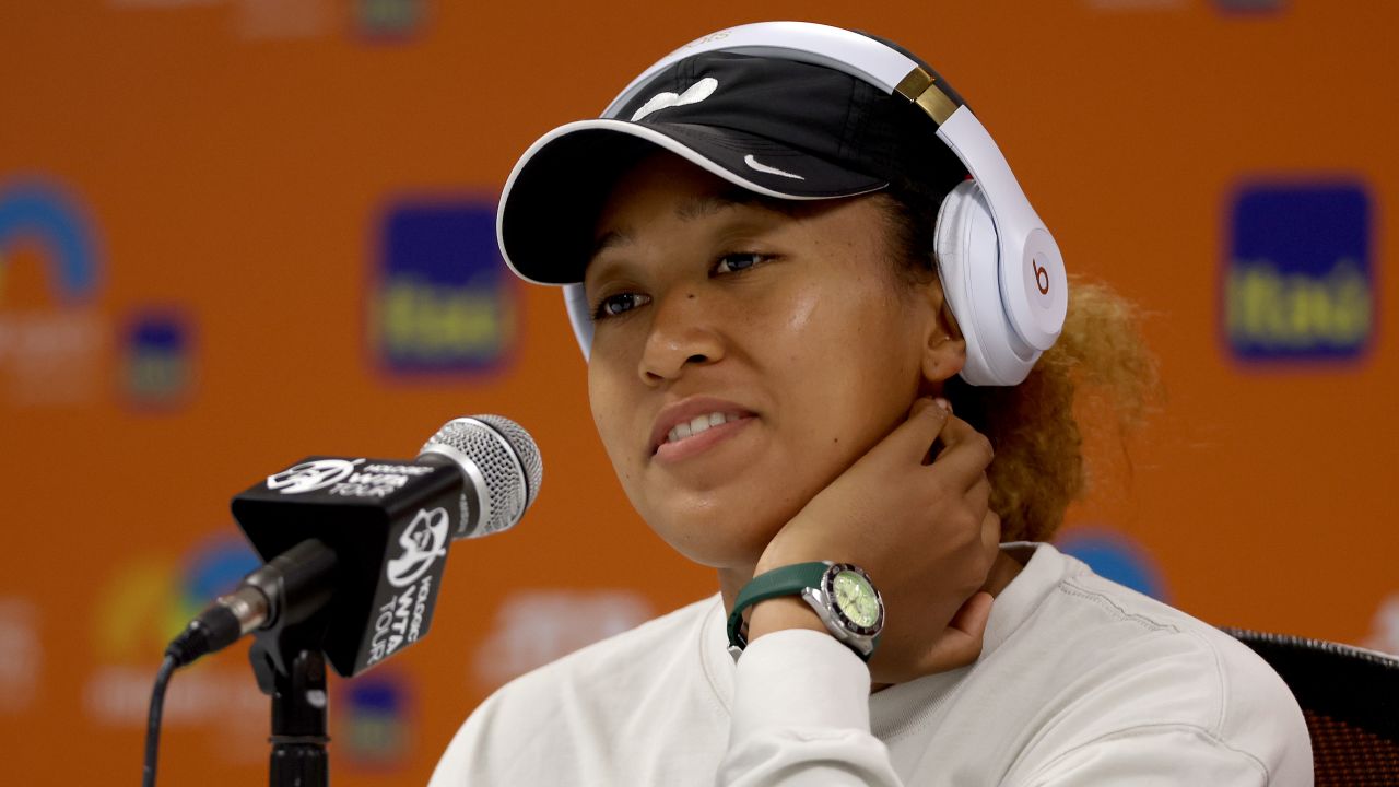 Osaka fields questions from the media at a news conference during the Miami Open at Hard Rock Stadium on March 23, 2022, in Miami Gardens, Florida.