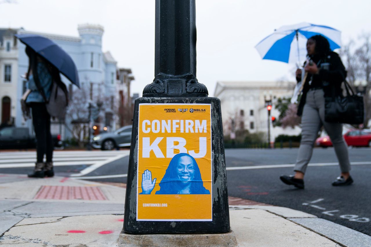 A sign showing support for Jackson's confirmation is seen in Washington, DC, on March 23.
