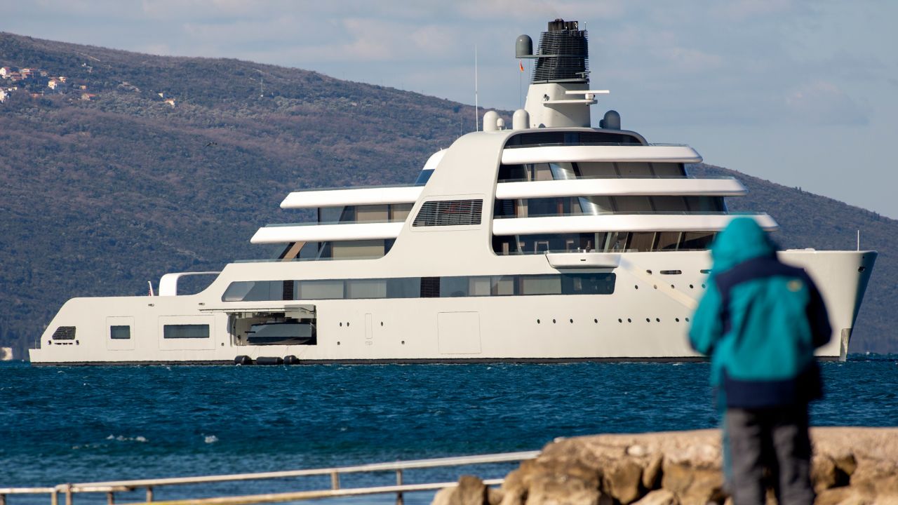 The superyacht, Solaris, owned by Roman Abramovich, arrives on March 12 in Tivat, Montenegro.