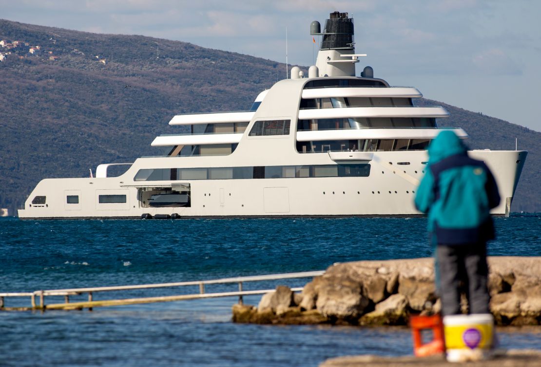 The superyacht, Solaris, owned by Roman Abramovich, arrives on March 12 in Tivat, Montenegro. 