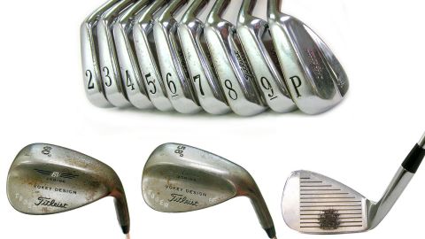 The wear mark on the face of the 8 iron has been described as "otherwordly," while the 58 degree wedge is bent to 56 degrees.