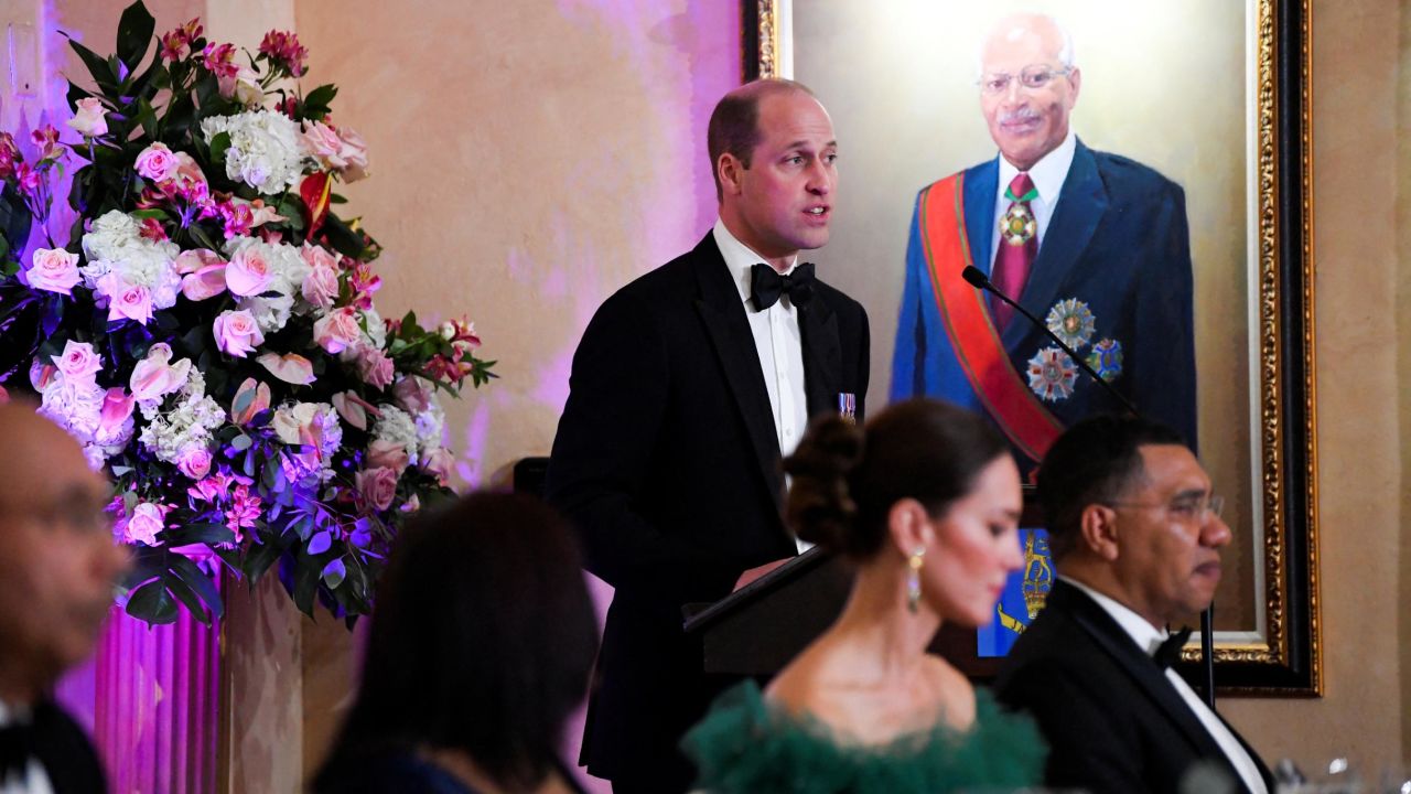 Britain's Prince William delivers a speech during a dinner hosted by the Governor General of Jamaica Patrick Allen and his wife Patricia on the fifth day of her tour of the Caribbean, Kingston, Jamaica, March 23, 2022.
