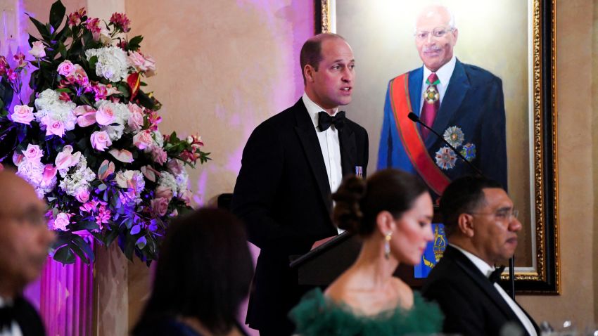Britain's Prince William delivers a speech during a dinner hosted by the Governor General of Jamaica Patrick Allen and his wife Patricia on the fifth day of her tour of the Caribbean, Kingston, Jamaica, March 23, 2022.