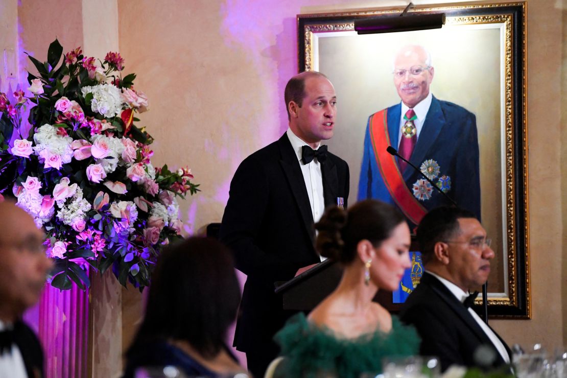 Prince William delivers a speech during dinner with the Governor-General of Jamaica.