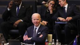 U.S. President Joe Biden (C), US Secretary of Defence Lloyd Austin (L/REAR),US Permanent Representative to NATO Julianne Smith (C/REAR) and US Secretary of State Antony Blinken (R/REAR) look on as they attend a North Atlantic Council meeting during a NATO summit at NATO Headquarters in Brussels on March 24, 2022. (Photo by EVELYN HOCKSTEIN / POOL / AFP) (Photo by EVELYN HOCKSTEIN/POOL/AFP via Getty Images)