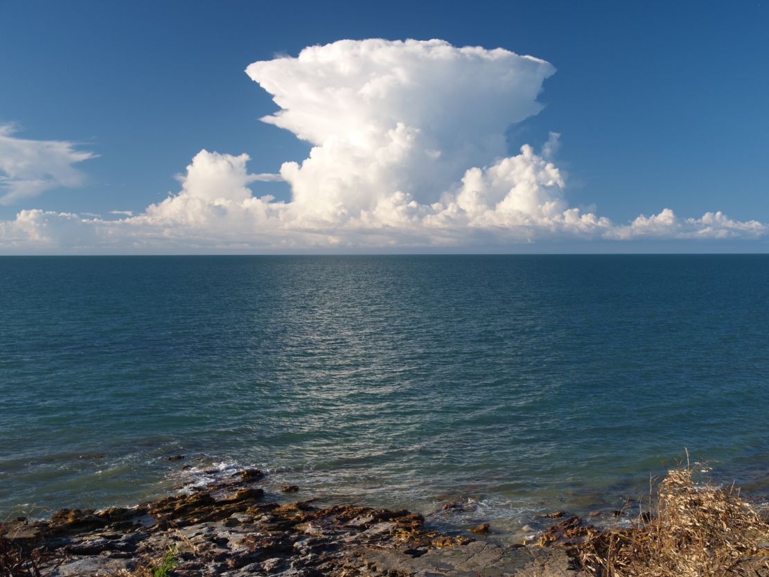Looking north from Darwin, Australia, you can see storm Hector's towering cumulonimbus cloud tops.