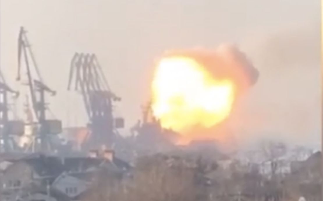 A screen grab of a video shared on social media of the Berdyansk port fire.
