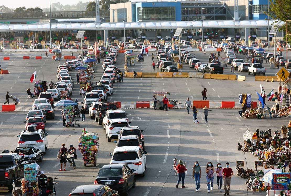 Vehicles are lined up at the San Ysidro Port of Entry to cross into the United States on March 21.