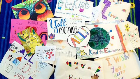 Posters Nicole Matheny's kindergarten students created for a parade during Austin ISD's Pride Week.