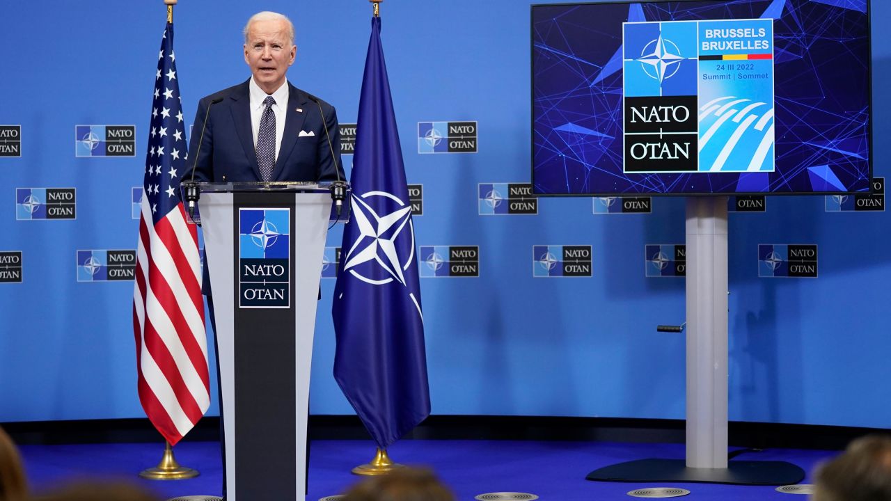 President Joe Biden speaks about the Russian invasion of Ukraine during a news conference after a NATO summit and Group of Seven meeting at NATO headquarters, Thursday, March 24, 2022, in Brussels. (AP Photo/Evan Vucci)