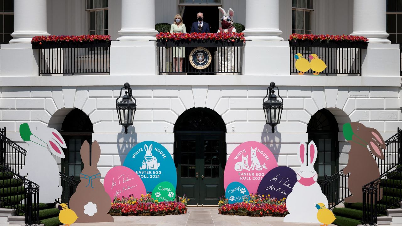 President Joe Biden and first lady Jill Biden appear with the Easter Bunny at the White House on April 5, 2021. The 2021 Easter Egg Roll was canceled due to the coronavirus pandemic.