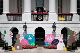 President Joe Biden and first lady Jill Biden appear with the Easter Bunny at the White House on April 5, 2021. The 2021 Easter Egg Roll was canceled due to the coronavirus pandemic.
