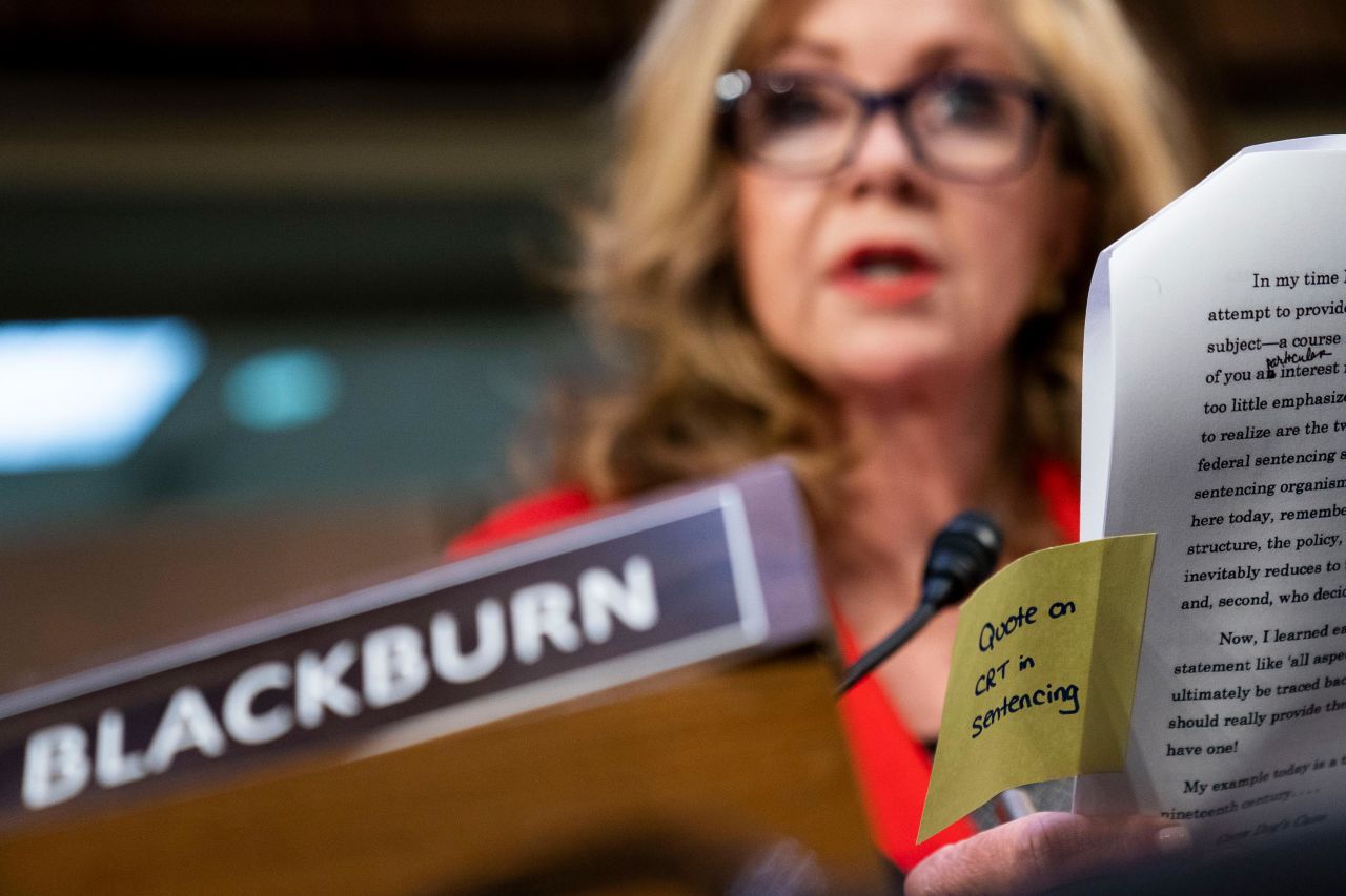 US Sen. Marsha Blackburn, a Republican from Tennessee, holds a note during the hearings on March 24. It reads "quote on CRT in sentencing" — a reference to critical race theory.