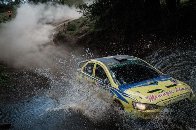 Kenyan Eric Bengi and his co-driver Peter Mutuma traverse a stream during the African Rally Championship (ARC) Equator Rally Kenya at Soysambu Conservancy in Nakuru,<strong> </strong>on April 24, 2021. In 2022 Bengi would become one half of the first all-indigenous Kenyan team to participate in the East African Safari Classic alongside compatriot Mindo Gatimu -- an important moment in the long history of the rally.