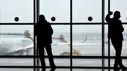 People in the terminal of Moscow's Sheremetyevo International Airport on March 8.