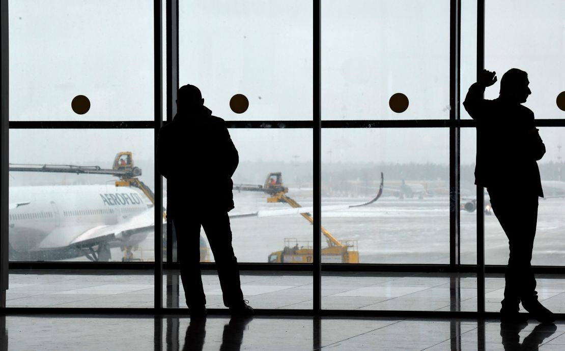 People in the terminal of Moscow's Sheremetyevo International Airport on March 8.