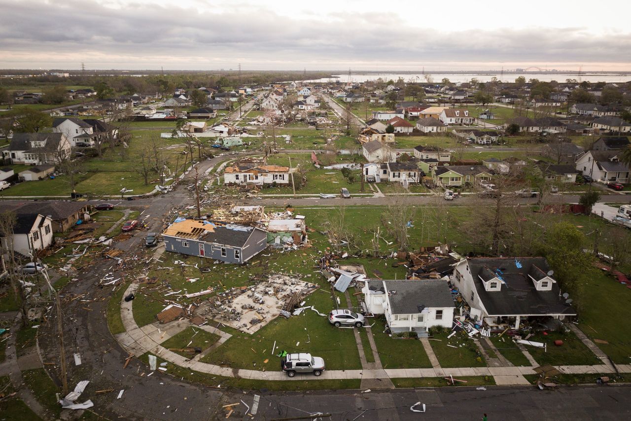 Homes are damaged in Arabi, Louisiana, on Wednesday, March 23. <a href="https://www.cnn.com/2022/03/23/weather/new-orleans-tornado-severe-weather-wednesday/index.html" target="_blank">Tornadoes ripped through the New Orleans area</a> the night before. 