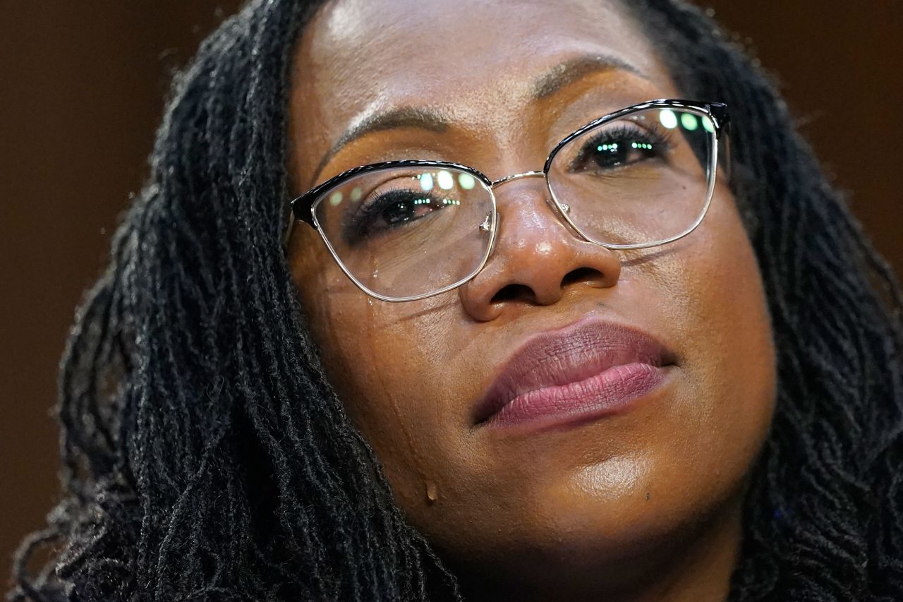 A tear rolls down the cheek of Supreme Court nominee Ketanji Brown Jackson as US Sen. Cory Booker spoke during her confirmation hearing on Wednesday, March 23. The Democratic senator <a href="https://www.cnn.com/politics/live-news/ketanji-brown-jackson-hearing-3-23-22/h_2faed24e59f0cfac6b821b53d0e5a2d8" target="_blank">defended Jackson and slammed his GOP colleagues</a> for their treatment of her during the hearing. He spoke about how powerful this moment was for the country, and then spoke of African Americans before her that have made history. "You are my harbinger of hope," Booker said. "This country's getting better and better and better. And when that final vote happens, and you ascend onto the highest court in the land, I'm going to rejoice."