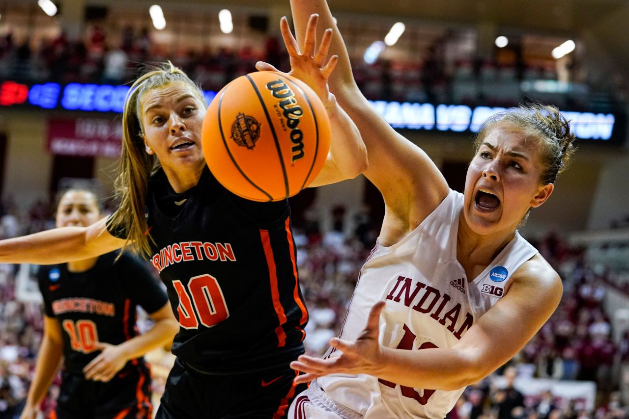 Princeton's Ellie Mitchell, left, and Indiana's Aleksa Gulbe reach for the ball during an NCAA Tournament game on Monday, March 21. Indiana defeated Princeton 56-55 to advance to the Sweet Sixteen.