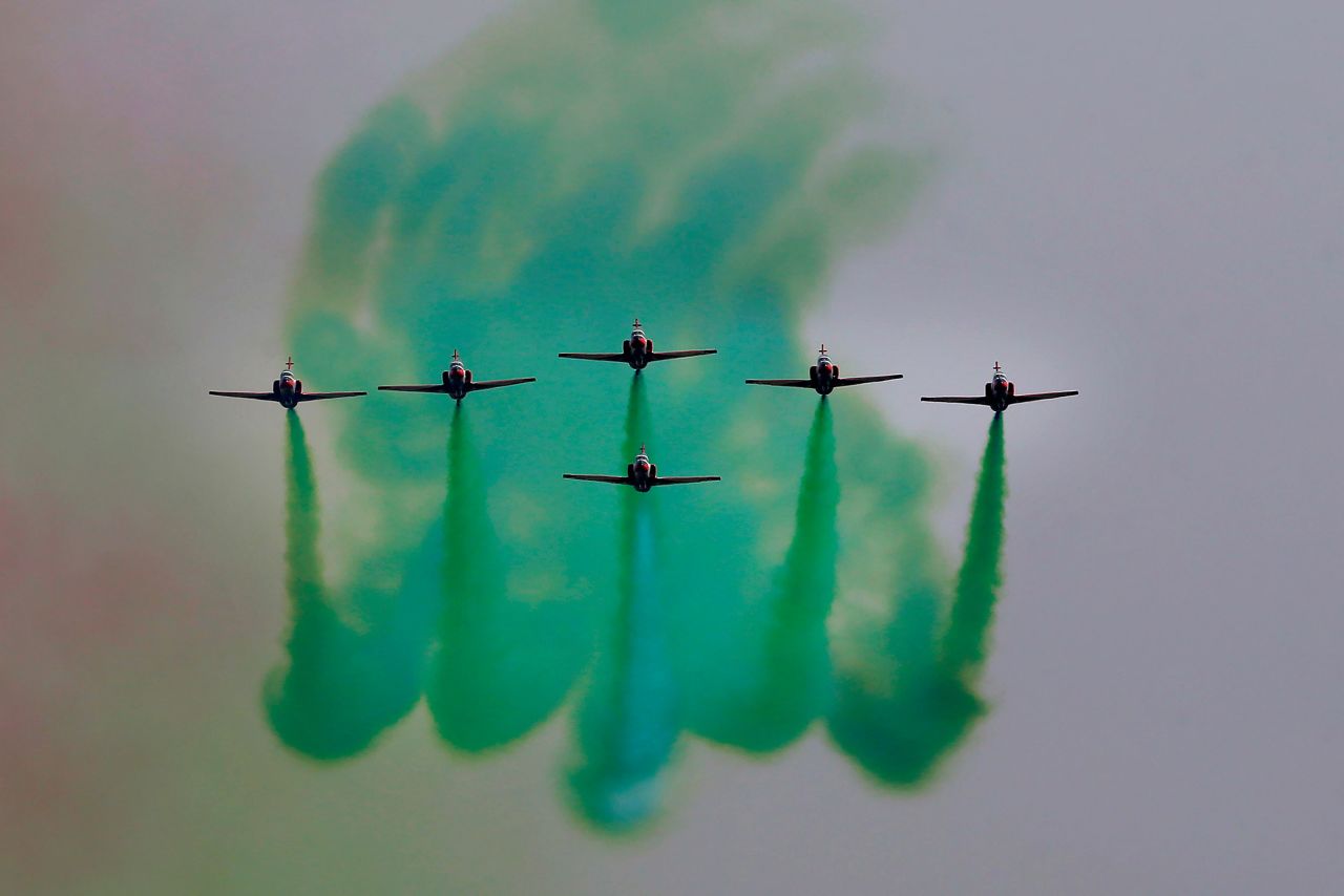Pakistan Air Force jets perform during a military parade in Islamabad, Pakistan, on Wednesday, March 23. It was for Pakistan Day, a national holiday celebrating the adoption of the country's first constitution.