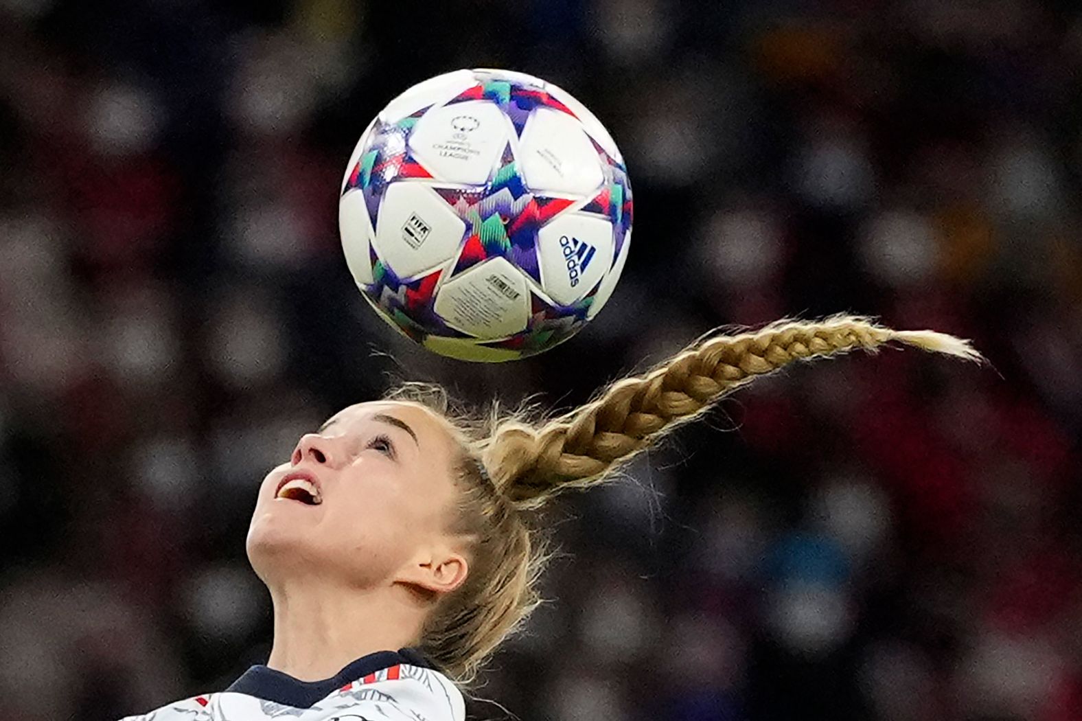 Bayern Munich's Giulia Gwinn heads the ball during a Champions League quarterfinal match in Munich, Germany, on Tuesday, March 22.