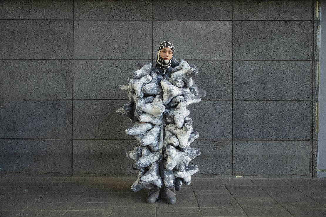 Yoon said he felt young Korean designers have a lot of potential in the global fashion industry. "They have their own process and ideas." Concrete tetrapods from a Busan beach influenced this sculptural piece.