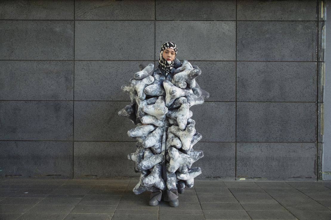 Yoon said he felt young Korean designers have a lot of potential in the global fashion industry. "They have their own process and ideas." Concrete tetrapods from a Busan beach influenced this sculptural piece. 