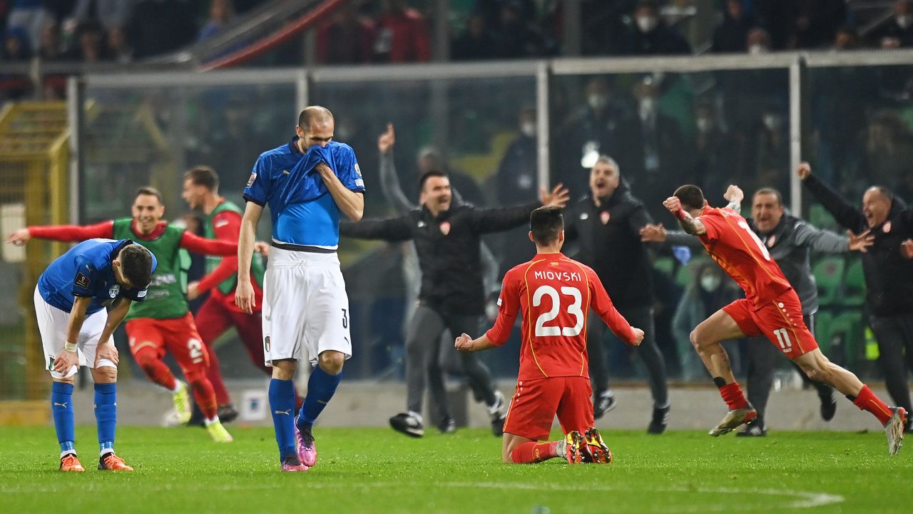 Chiellini looks dejected after defeat against North Macedonia.