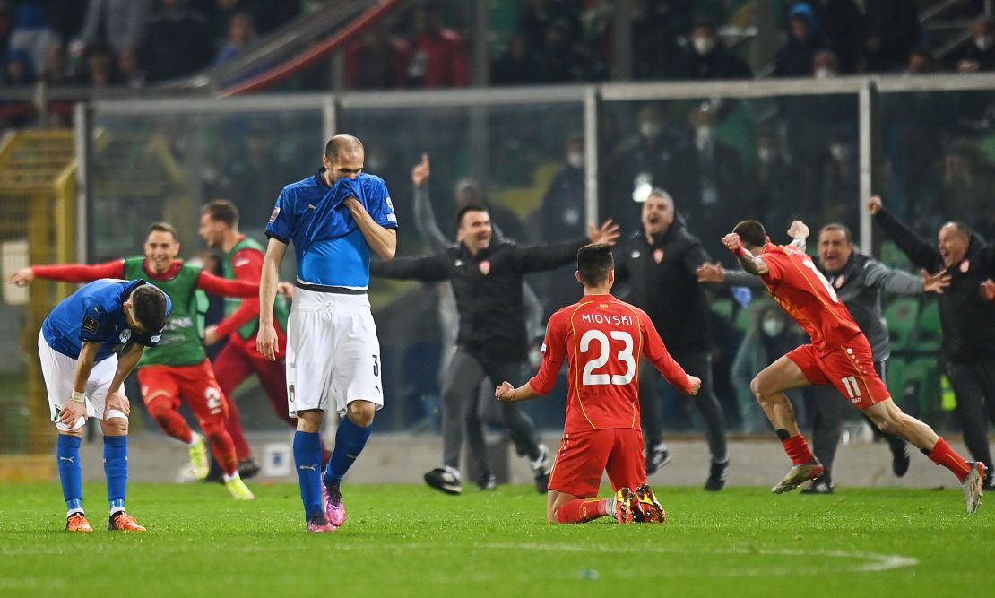 Italy's Giorgio Chiellini looks dejected after defeat against North Macedonia.