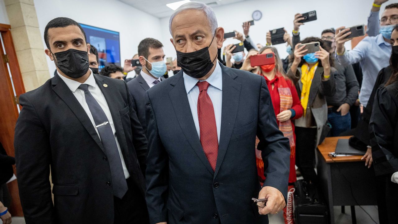 Former Israeli Prime Minister Benjamin Netanyahu appears at the Jerusalem District Court on March 23. Netanyahu, who served as prime minister for 12 consecutive years but lost power in June, has pleaded not guilty to charges of corruption, which include bribery, breach of trust and fraud.