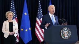 President Joe Biden and European Commission President Ursula von der Leyen talk to the press about the Russian invasion of Ukraine, at the U.S. Mission in Brussels, Friday, March 25, 2022, in Brussels. 