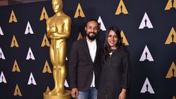 Best documentary feature nominees for "Writing With Fire" Rintu Thomas, right, and Sushmit Ghosh arrive for the "Oscar Week: Documentaries" event at the Samuel Goldwyn theatre in Beverly  Hills, California, March 23, 2022.