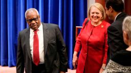 WASHINGTON, DC - OCTOBER 21: (L-R) Associate Supreme Court Justice Clarence Thomas and his wife and conservative activist Virginia Thomas arrive at the Heritage Foundation on October 21, 2021 in Washington, DC. Clarence Thomas has now served on the Supreme Court for 30 years. He was nominated by former President George H. W.  Bush in 1991 and is the second African-American to serve on the high court, following Justice Thurgood Marshall. (Photo by Drew Angerer/Getty Images)