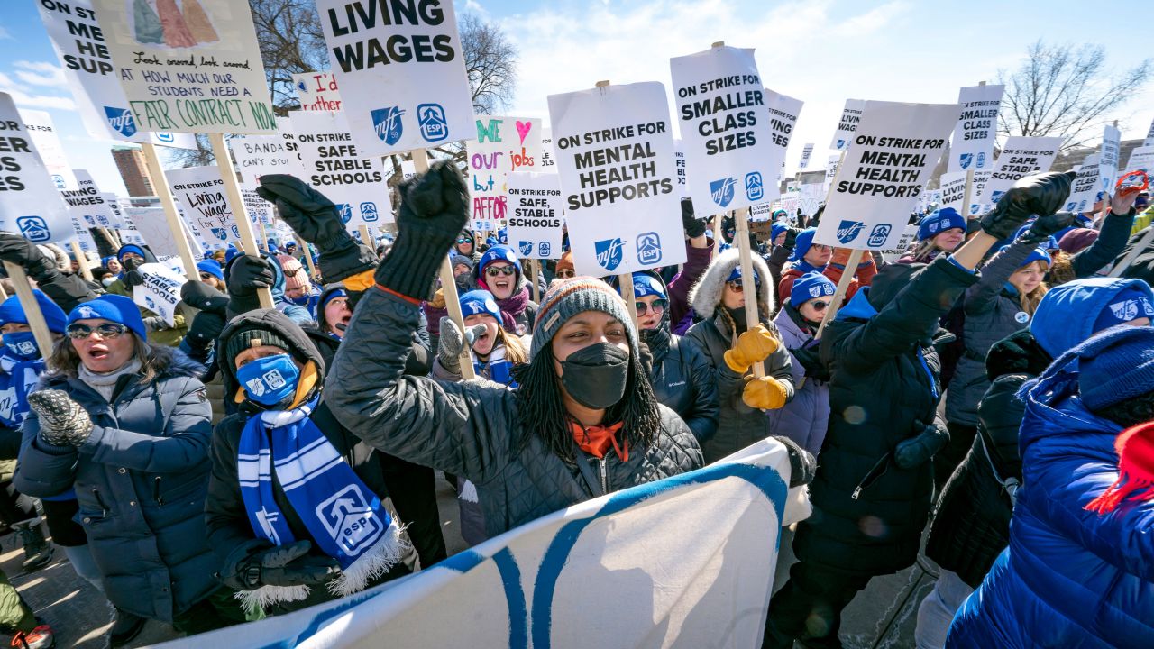 Members of the Minneapolis Federation of Teachers, shown rallying on Wednesday, March 9, 2022 in St. Paul, Minnesota. They went on strike to push for smaller classroom sizes and safer schools.