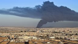Smoke billows from an oil storage facility in Saudi Arabia's Red Sea coastal city of Jeddah on March 25, 2022. - Yemeni rebels said they attacked a Saudi Aramco oil facility in Jeddah as part of a wave of drone and missile assaults today as a huge cloud of smoke was seen near the Formula One venue in the city. (Photo by ANDREJ ISAKOVIC / AFP) (Photo by ANDREJ ISAKOVIC/AFP via Getty Images)