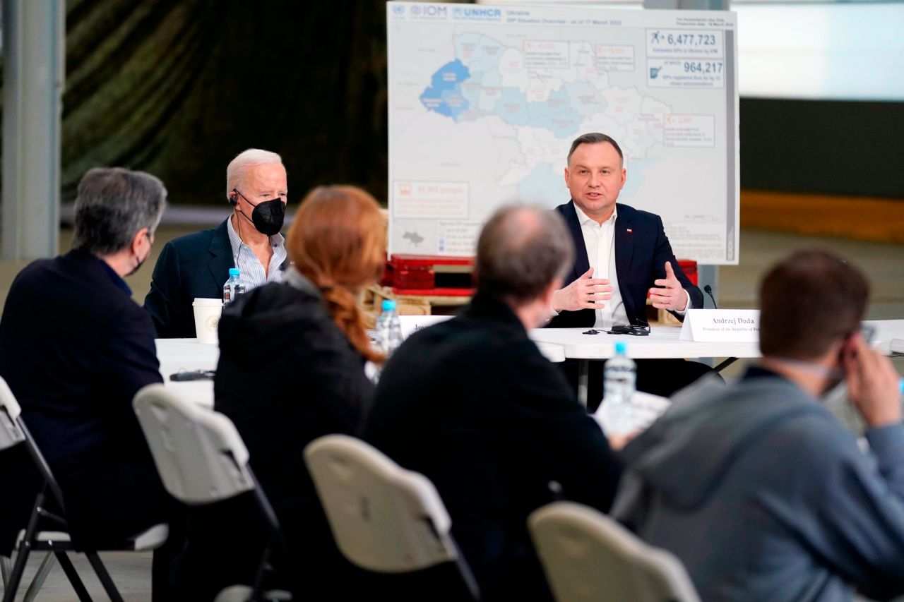 Biden and Polish President Andrzej Duda participate in a roundtable discussion Friday about the humanitarian response following Russia's invasion of Ukraine.