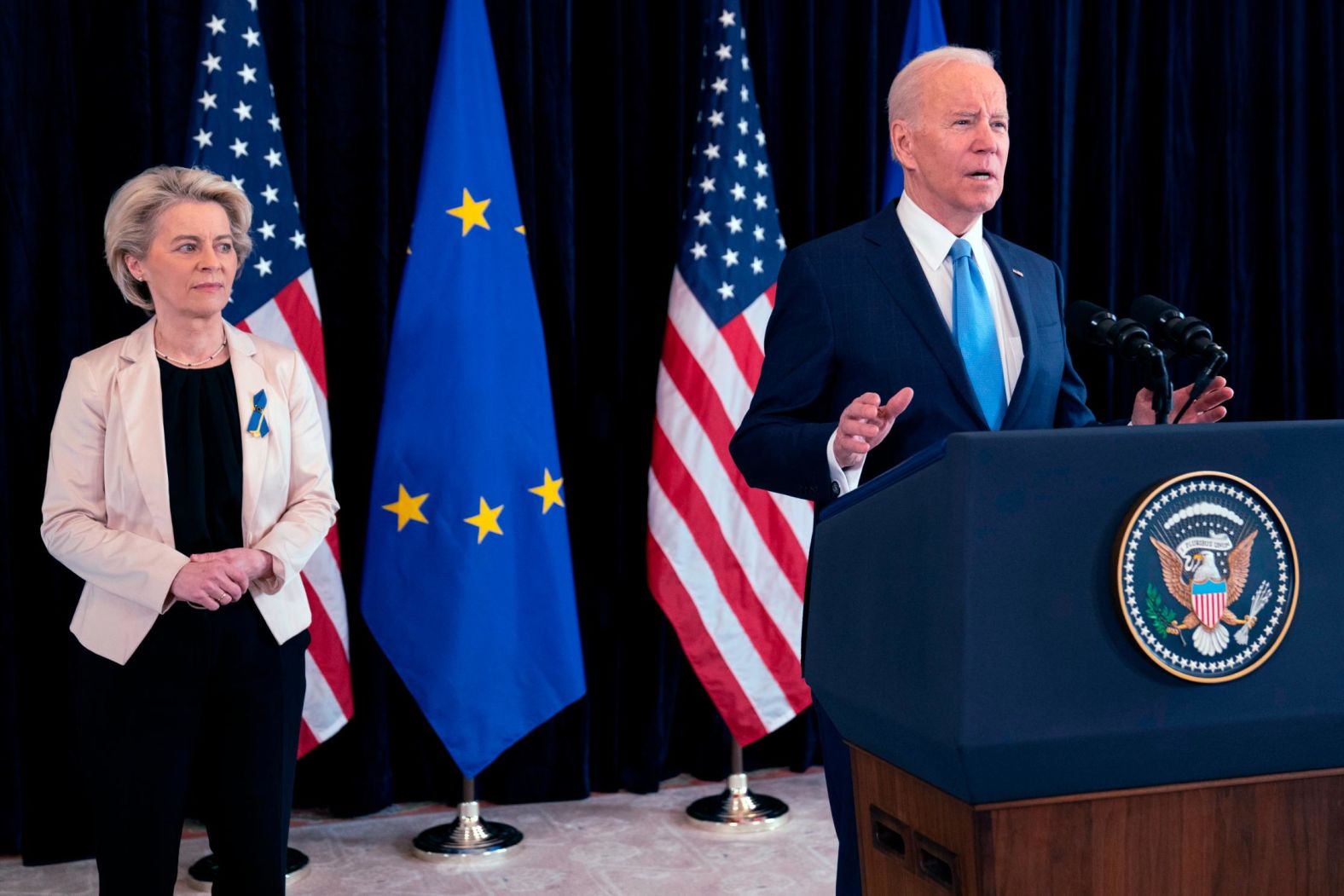 Biden holds a news conference in Brussels, Belgium, on Friday before leaving for Poland. Speaking alongside European Commission President Ursula von der Leyen, Biden said Russia was using its supply of oil and gas to "coerce and manipulate its neighbors." He said the United States would help Europe reduce its dependence on Russian oil and gas and would ensure the continent had enough supplies for the next two winters.