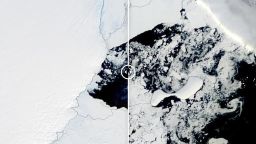 Before-and-after satellite imagery of the region around the Conger Ice Shelf, which scientists say collapsed in mid-March.